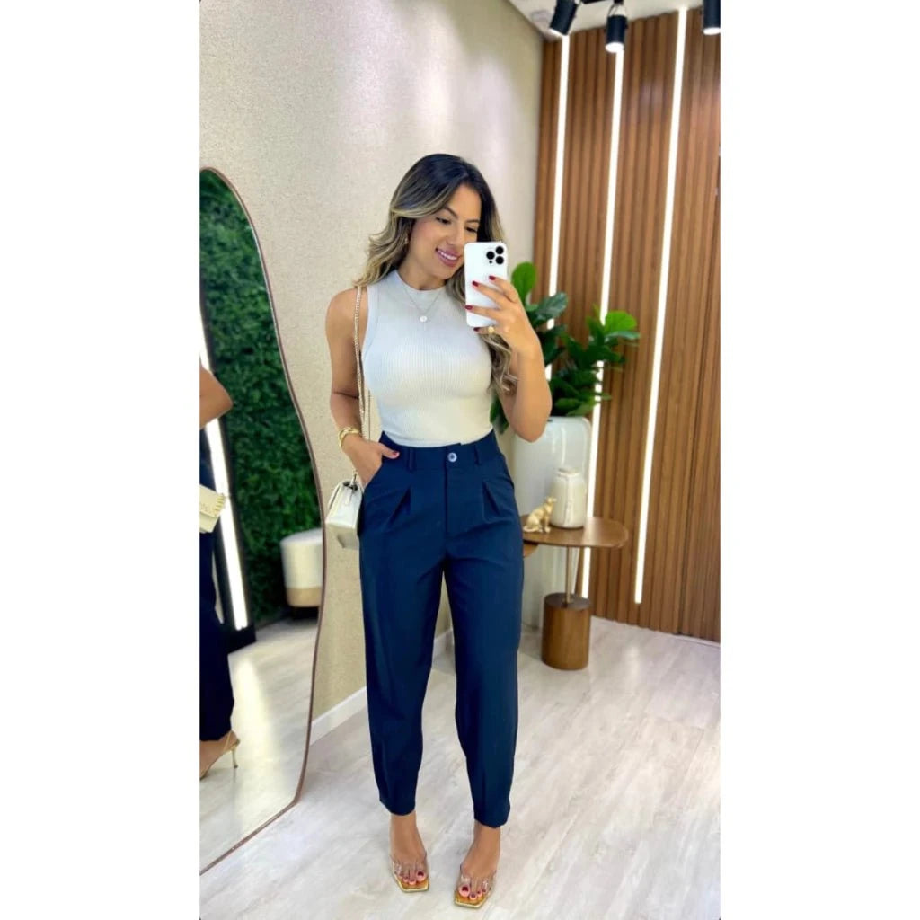 Calça Jogger Cenoura em Alfaiataria com Cinto Calça Jogger Cenoura PS1 Direct Ofertas Azul Marinho