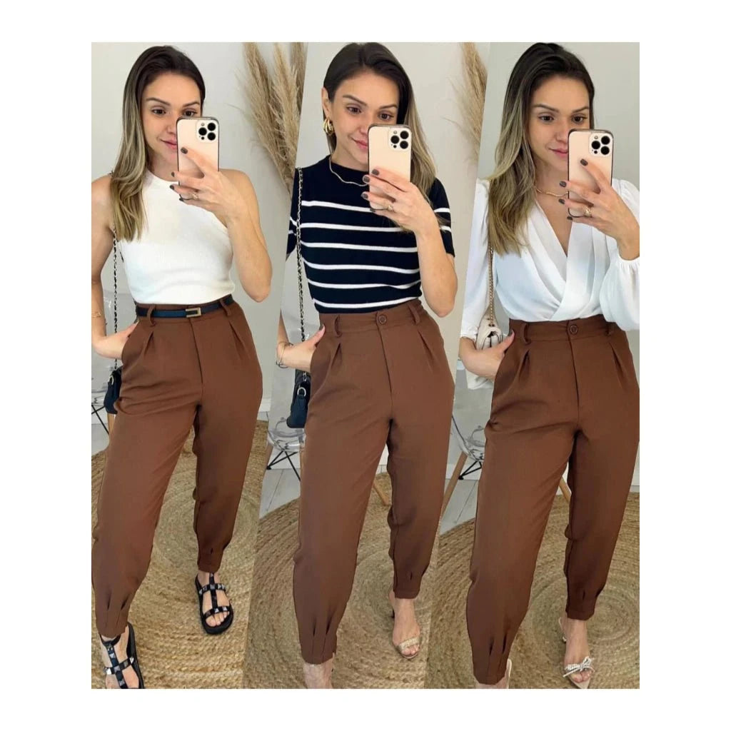 Calça Jogger Cenoura em Alfaiataria com Cinto Calça Jogger Cenoura PS1 Direct Ofertas Chocolate