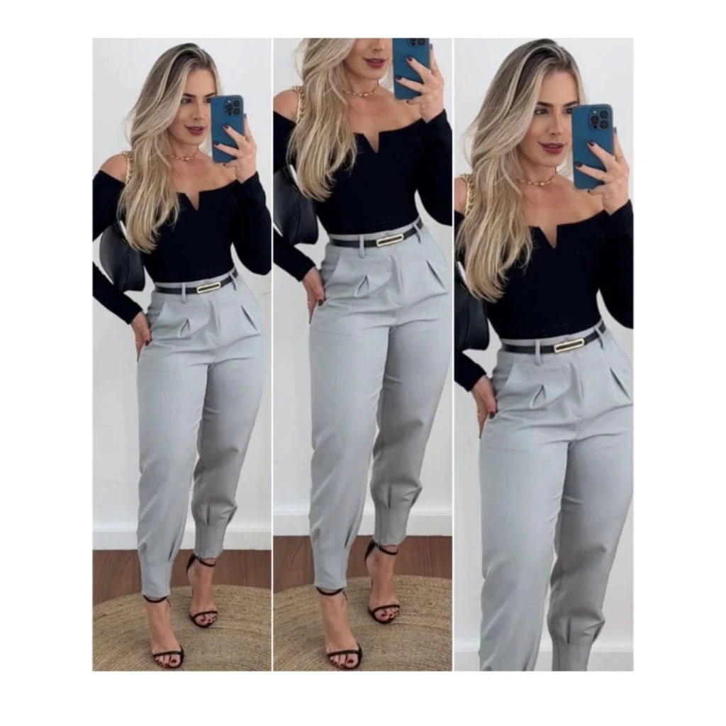 Calça Jogger Cenoura em Alfaiataria com Cinto Calça Jogger Cenoura PS1 Direct Ofertas Cinza