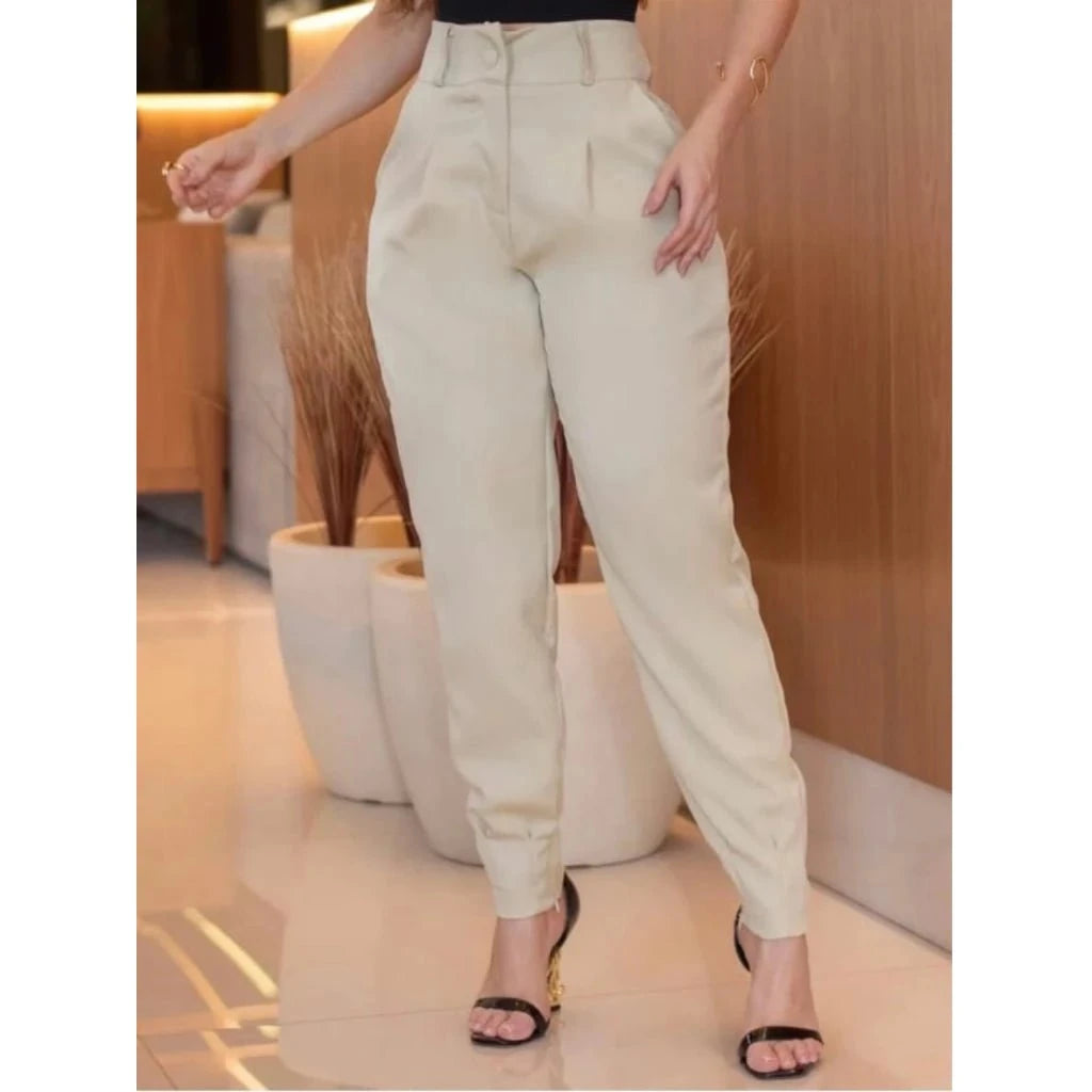 Calça Jogger Cenoura em Alfaiataria com Cinto Calça Jogger Cenoura PS1 Direct Ofertas Nude Off-White