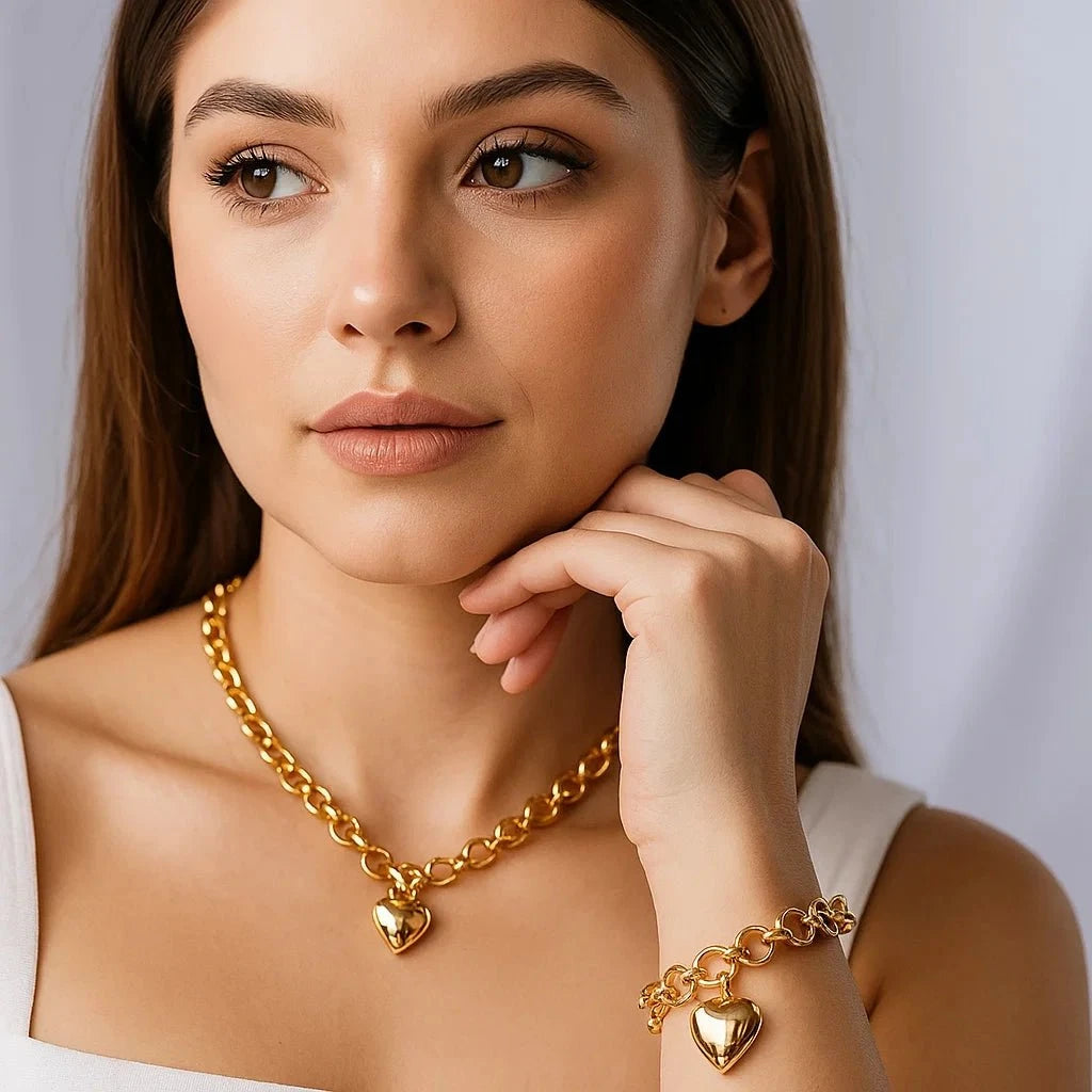 Conjunto Colar e Pulseira Elo Português e Brincos de Coração Conjunto Colar e Pulseira PJOIAS Direct Ofertas