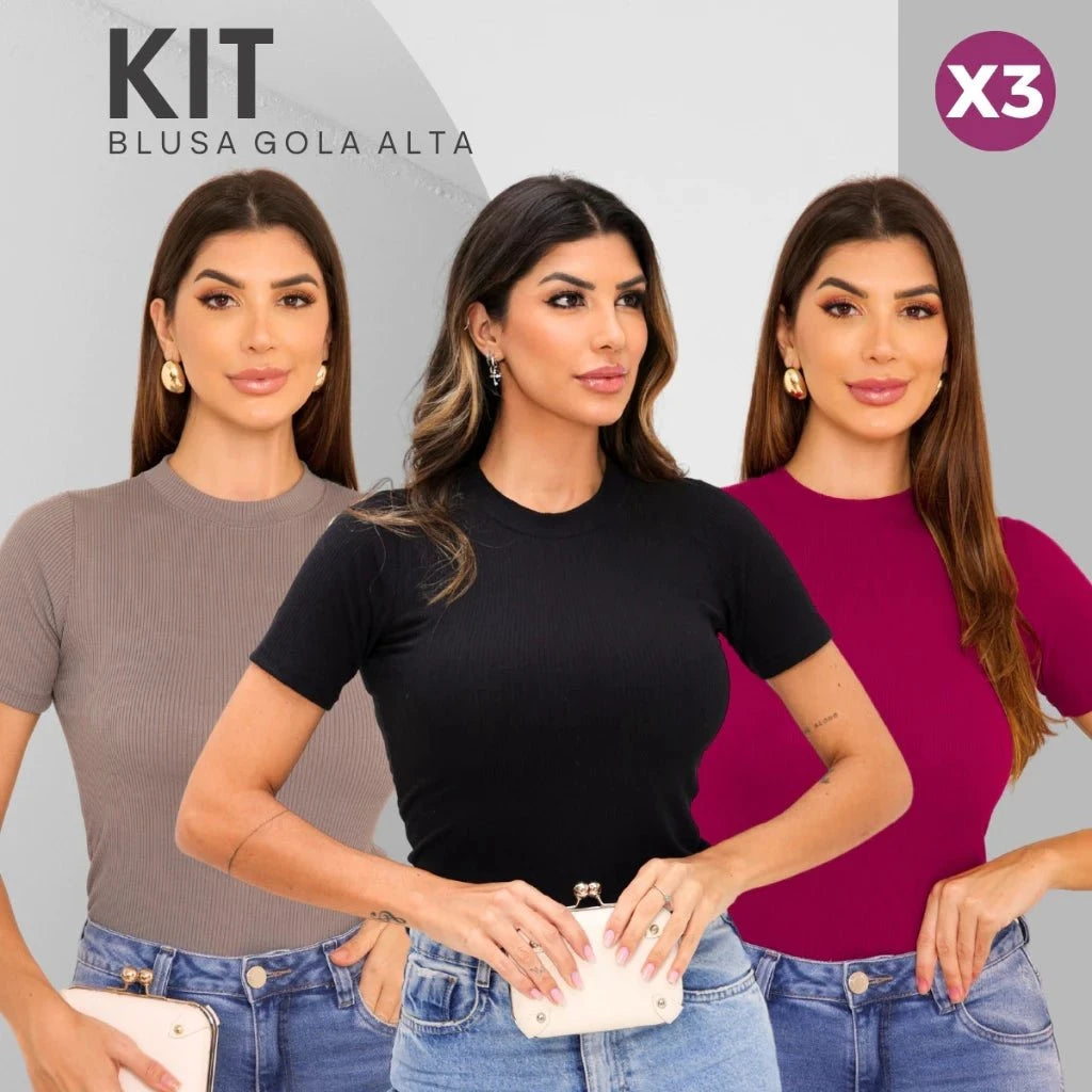Kit com 3 Blusas Femininas Gola Alta Kit com 3 Blusas Femininas Gola Alta PS1 Direct Ofertas