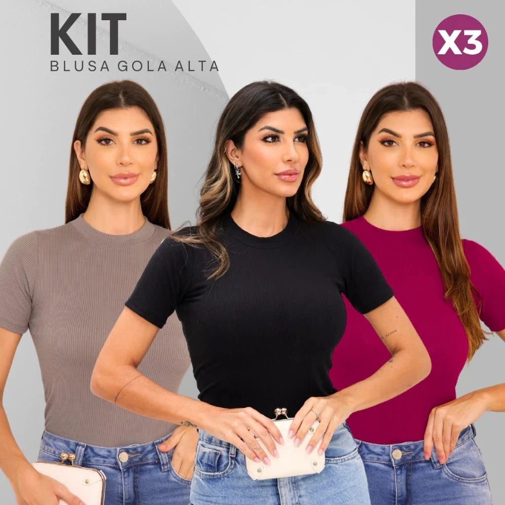 Kit com 3 Blusas Femininas Gola Alta Kit com 3 Blusas Femininas Gola Alta PS1 Direct Ofertas Açaí/Preto/Cinza M