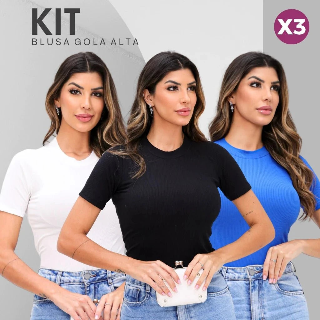 Kit com 3 Blusas Femininas Gola Alta Kit com 3 Blusas Femininas Gola Alta PS1 Direct Ofertas Preto/Branco/Azul M
