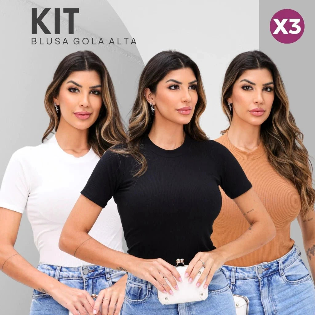 Kit com 3 Blusas Femininas Gola Alta Kit com 3 Blusas Femininas Gola Alta PS1 Direct Ofertas Preto/Branco/Nude M