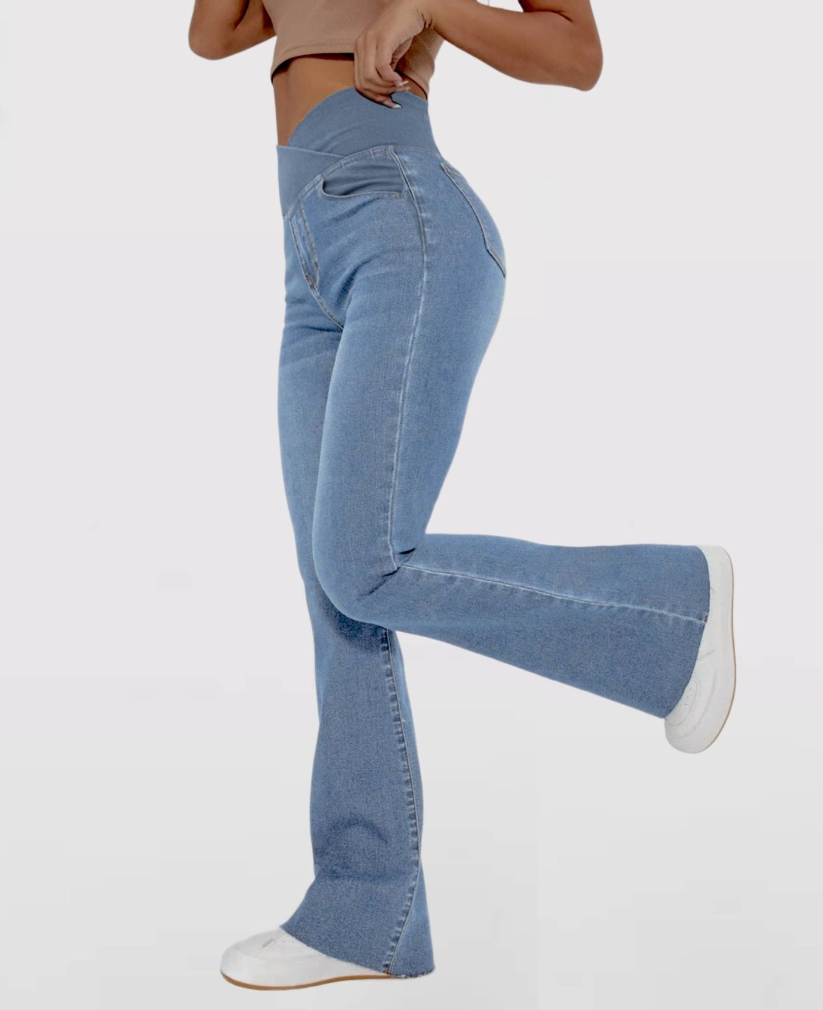 Calça Jeans de Cintura Alta Cruzada [CALÇA EFEITO BARRIGA CHAPADA] - Direct Ofertas
